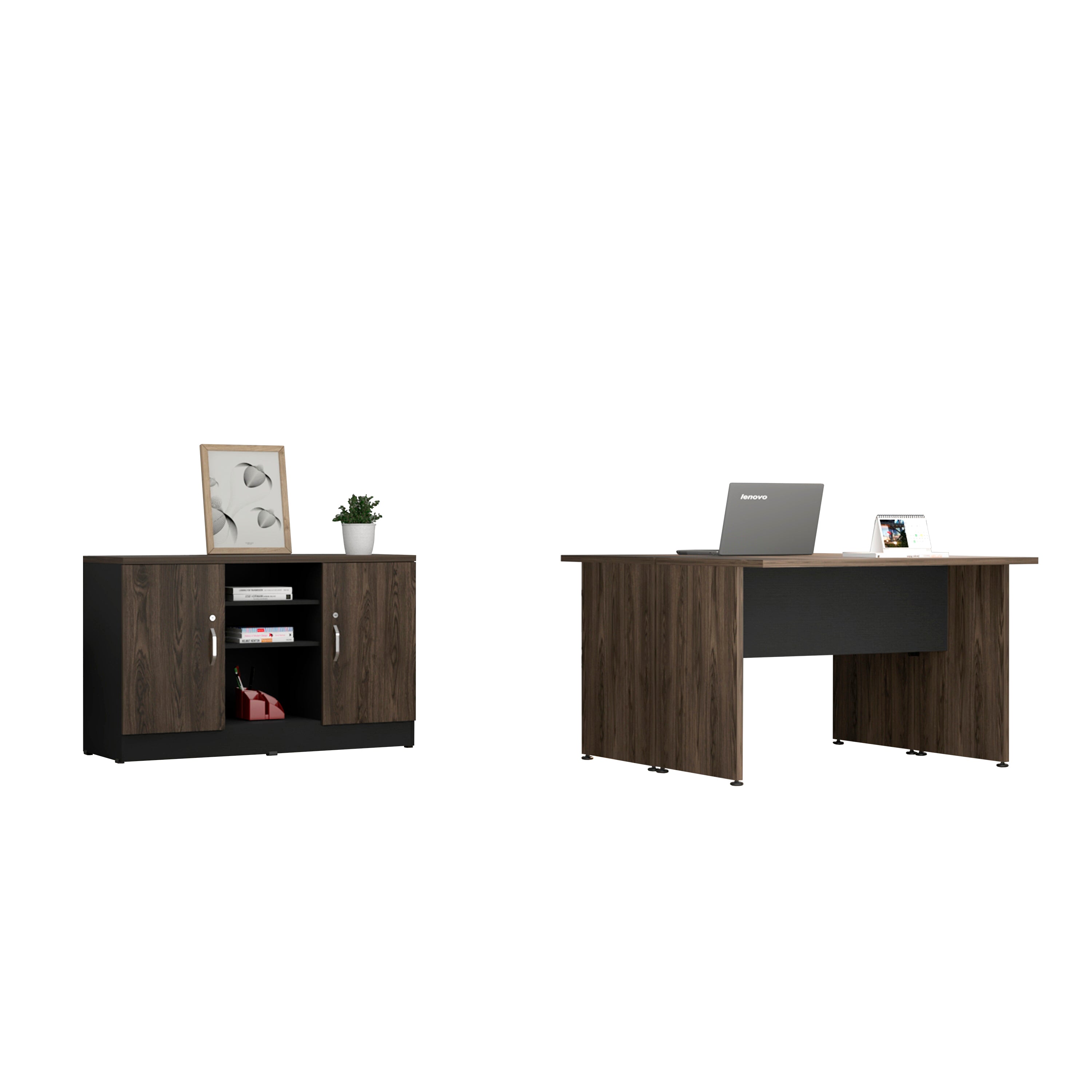 Mesa Escritorio Doble + Gabinete 2P Home Office Color Negro Soft y Coñac Para Oficina